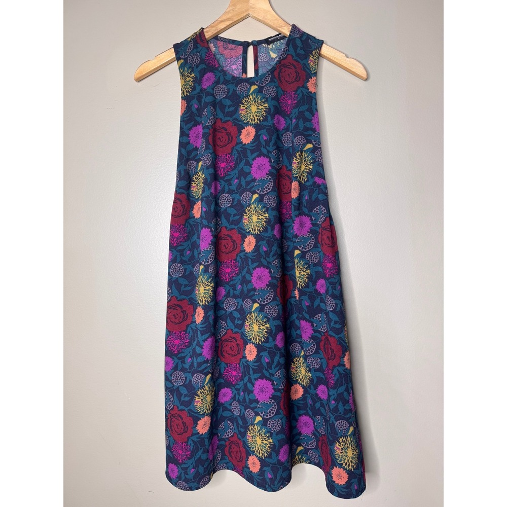 American Apparel Floral Sleeveless Shift Dress Navy Pink Yellow Pockets Size M